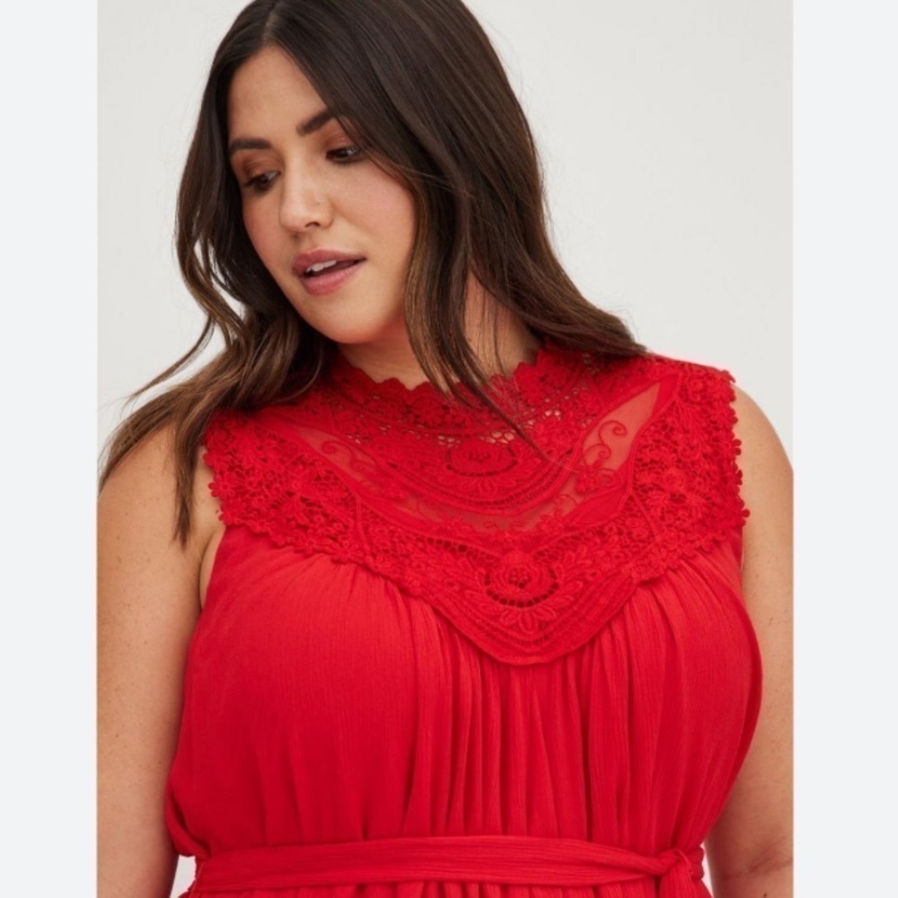 Torrid Mini Crinkle Gauze Red High Neck Crochet Dress 1X NWT